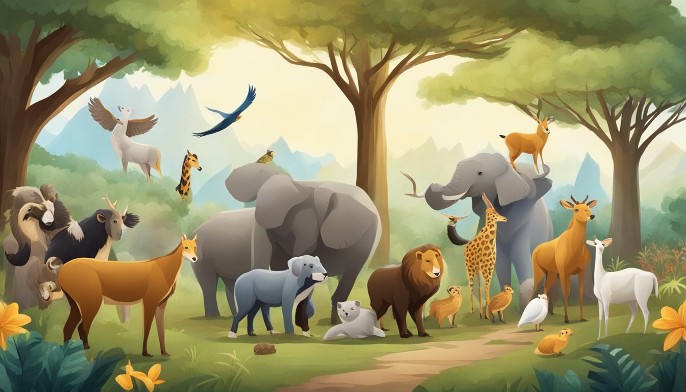 A group of animals gathered in a natural setting, with one animal being honored or celebrated by the others