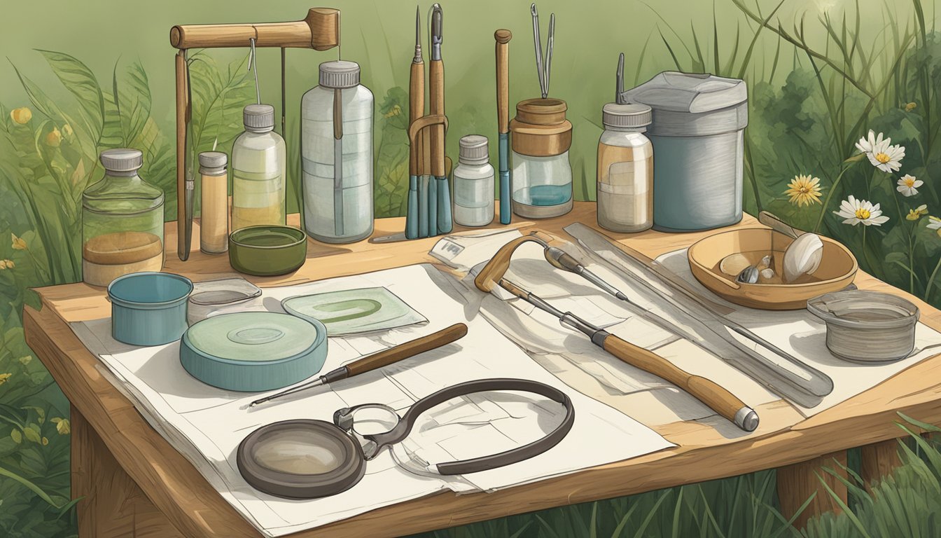 A variety of contraceptive methods displayed in a natural setting, alongside wildlife conservation tools