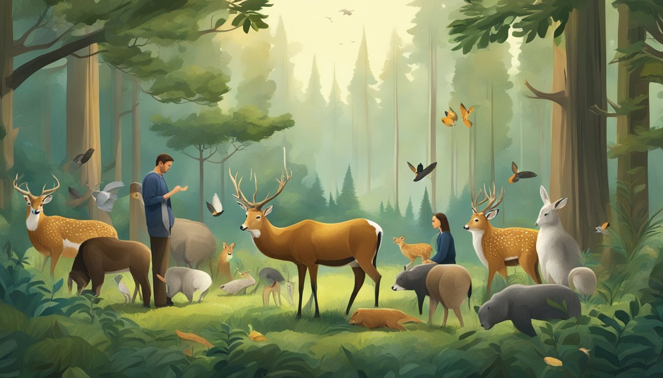 A tranquil forest clearing with various wildlife species peacefully coexisting, while a team of researchers carefully administers contraception to a group of animals