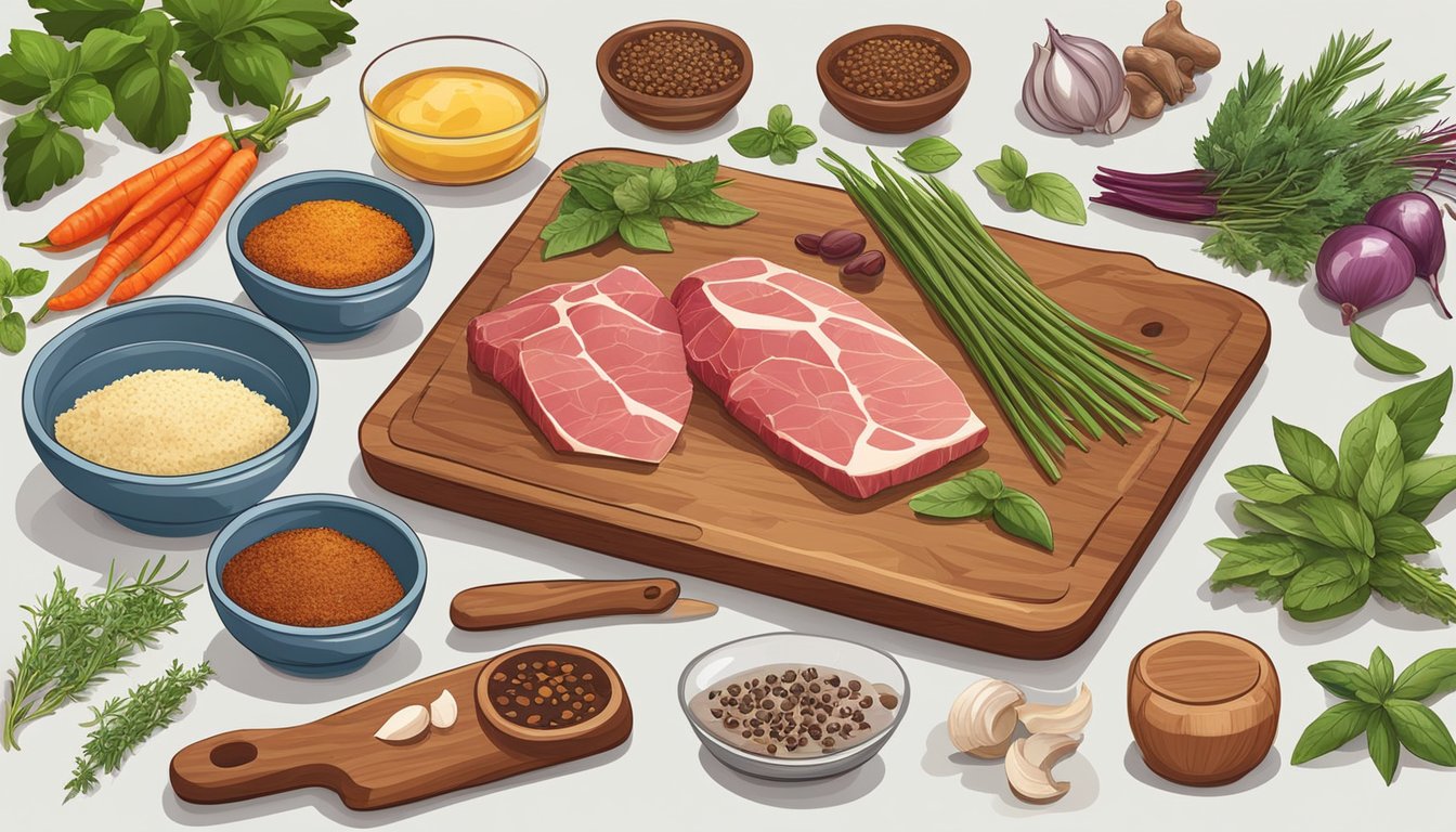 A variety of tough game cuts arranged on a wooden cutting board, surrounded by herbs, spices, and a slow cooker