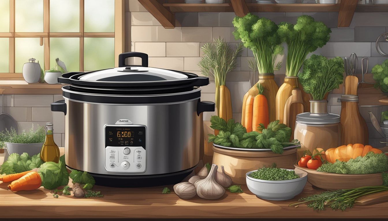 A rustic kitchen with a bubbling slow cooker filled with tough game cuts surrounded by herbs, vegetables, and spices