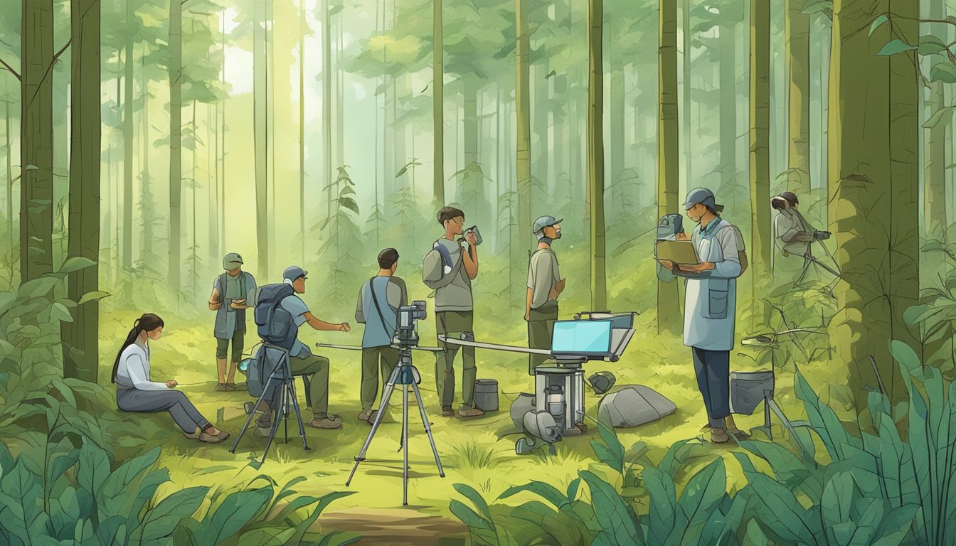 A tranquil forest clearing with wildlife contraception equipment and researchers observing and measuring the efficacy of the method on various species