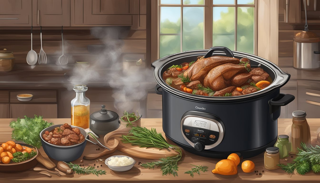 A rustic kitchen with a bubbling slow cooker filled with hearty game meat, surrounded by aromatic herbs and spices