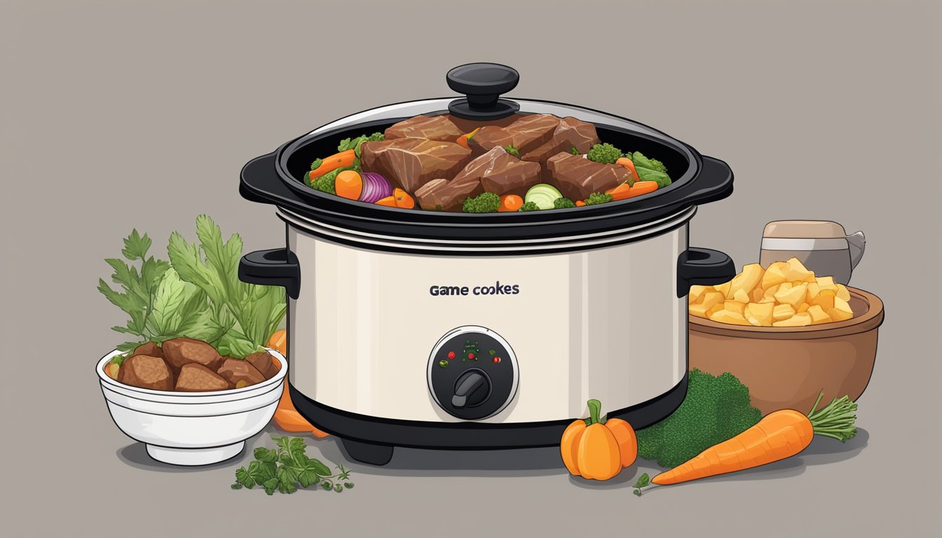 A slow cooker filled with hearty chunks of game meat simmering in a rich, savory sauce, surrounded by bowls of colorful leftover vegetables and herbs