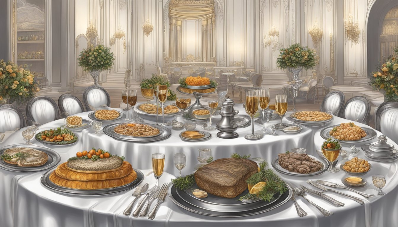 A grand banquet table adorned with ornate silver platters showcasing a decadent spread of wild game pâté, surrounded by opulent decor and elegant dining settings