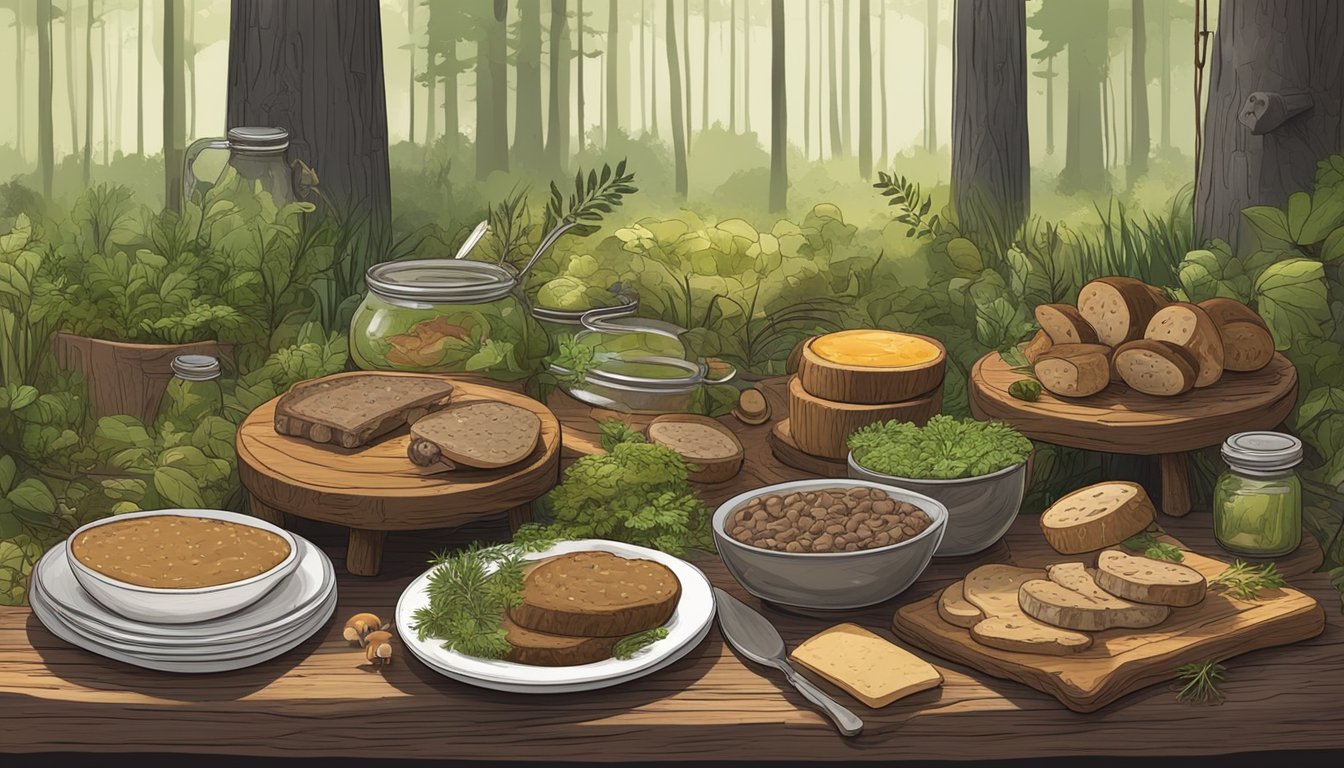 A lush forest clearing with a rustic wooden table set with a spread of wild game pâté, surrounded by foraged herbs and mushrooms