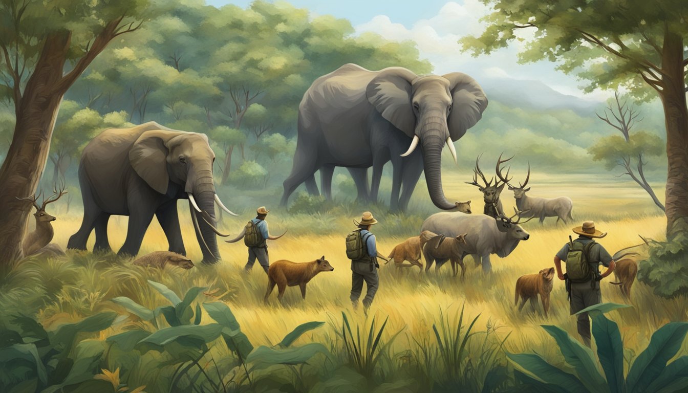 A group of wildlife roam freely in a diverse and lush natural landscape, while hunters carefully manage the harvest of select species