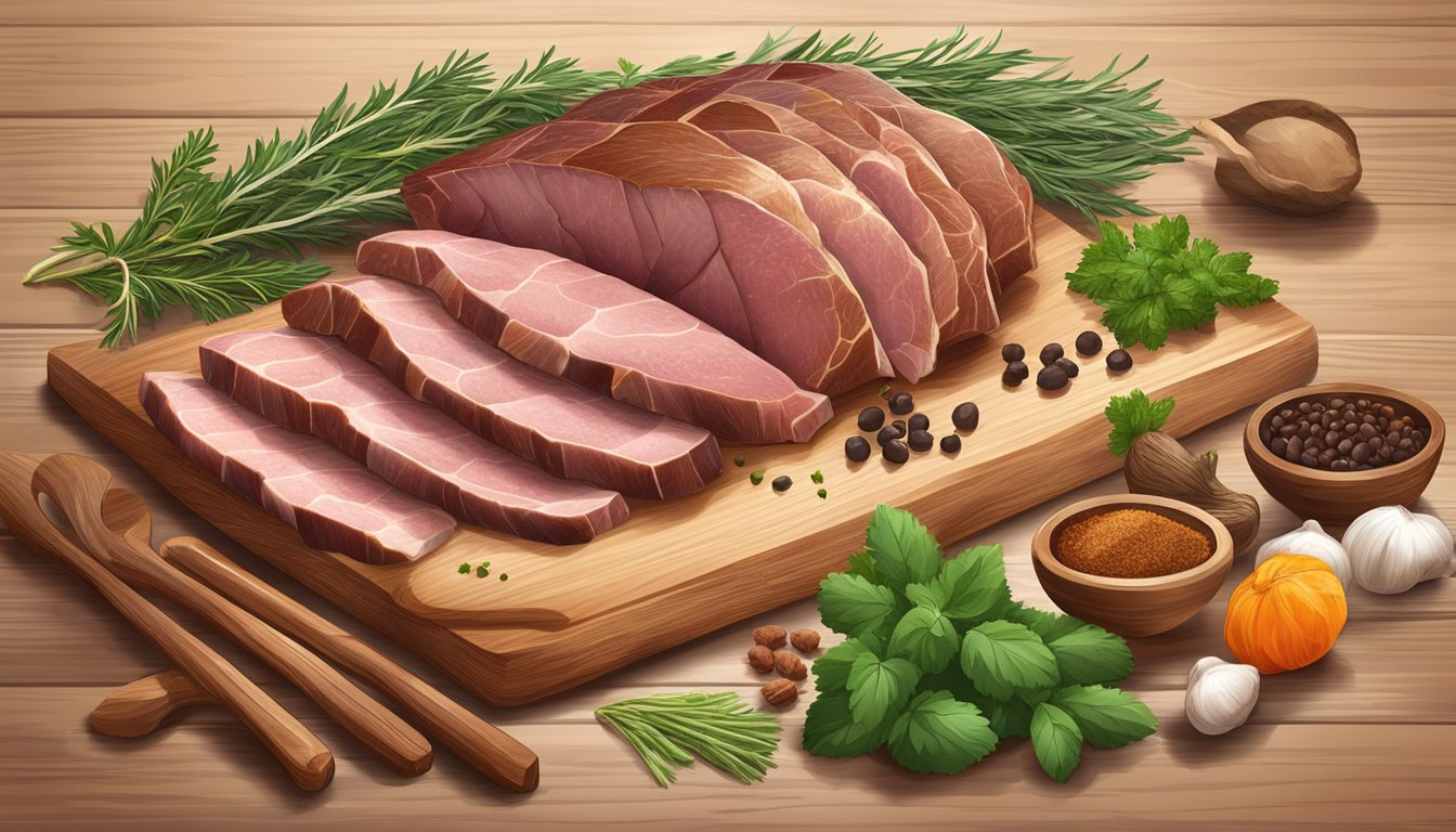 A variety of wild game meats, such as venison, elk, and boar, are arranged on a wooden cutting board with fresh herbs and spices