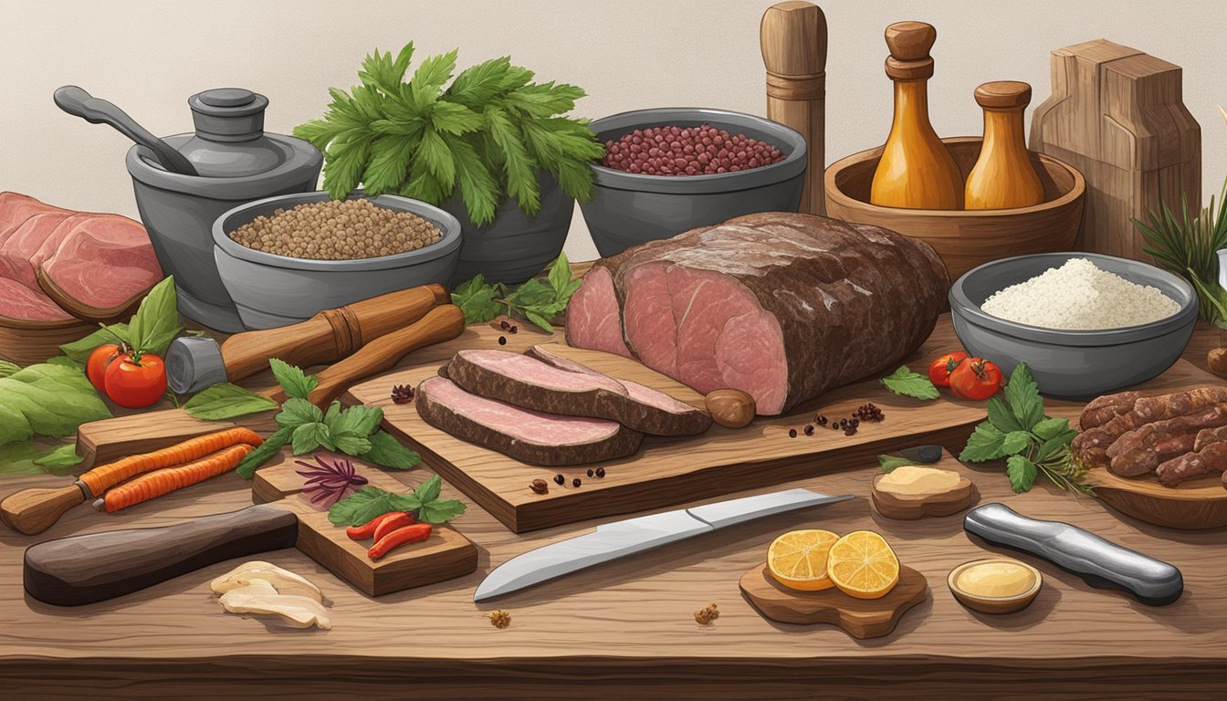 A rustic wooden table displays an array of wild game meats, herbs, and spices. A mortar and pestle sit ready for grinding, while a chef's knife and cutting board await the preparation of the perfect pâté