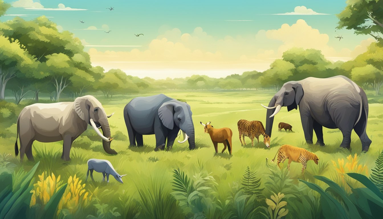 A group of animals grazing in a lush, open field, with a diverse range of plant species and natural vegetation surrounding them