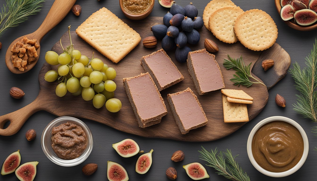 A rustic wooden board displays a spread of wild game pâté, accompanied by figs, crackers, and a glass of red wine