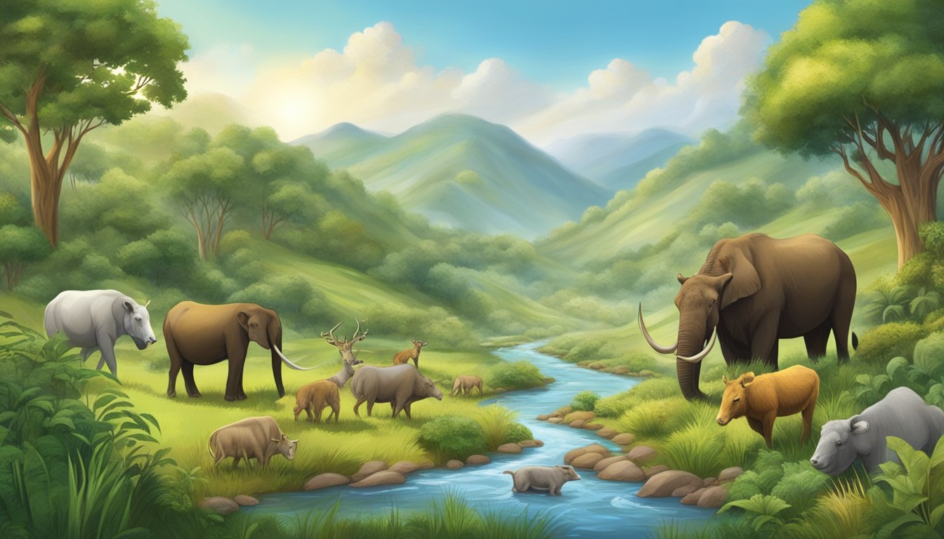 A group of animals grazing in a lush, diverse landscape with a flowing river and abundant vegetation, showcasing the natural balance of a rewilded ecosystem