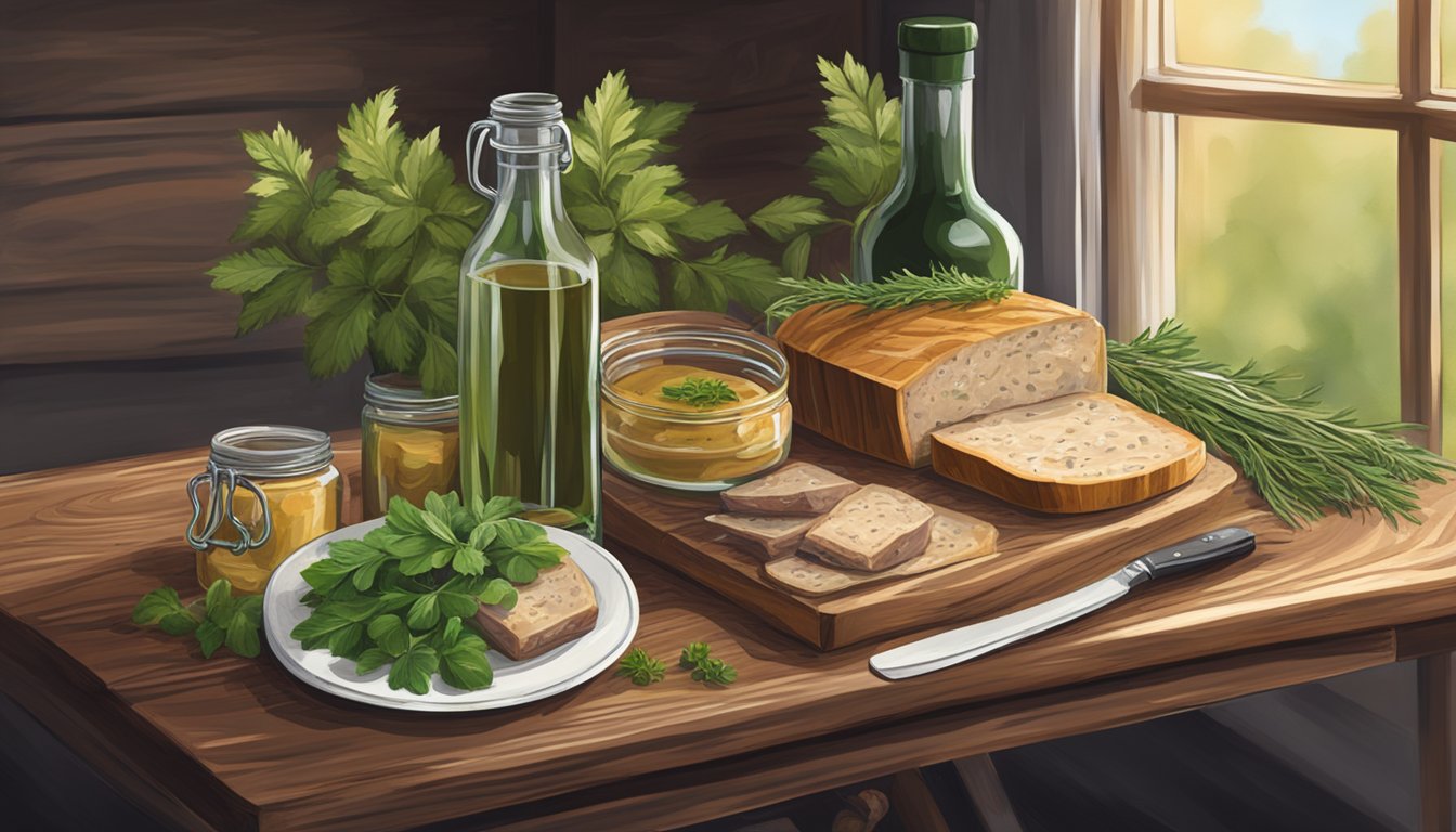 A rustic wooden table displays a jar of wild game pâté alongside fresh herbs, a knife, and a cutting board. A vintage wine bottle and glass add an elegant touch