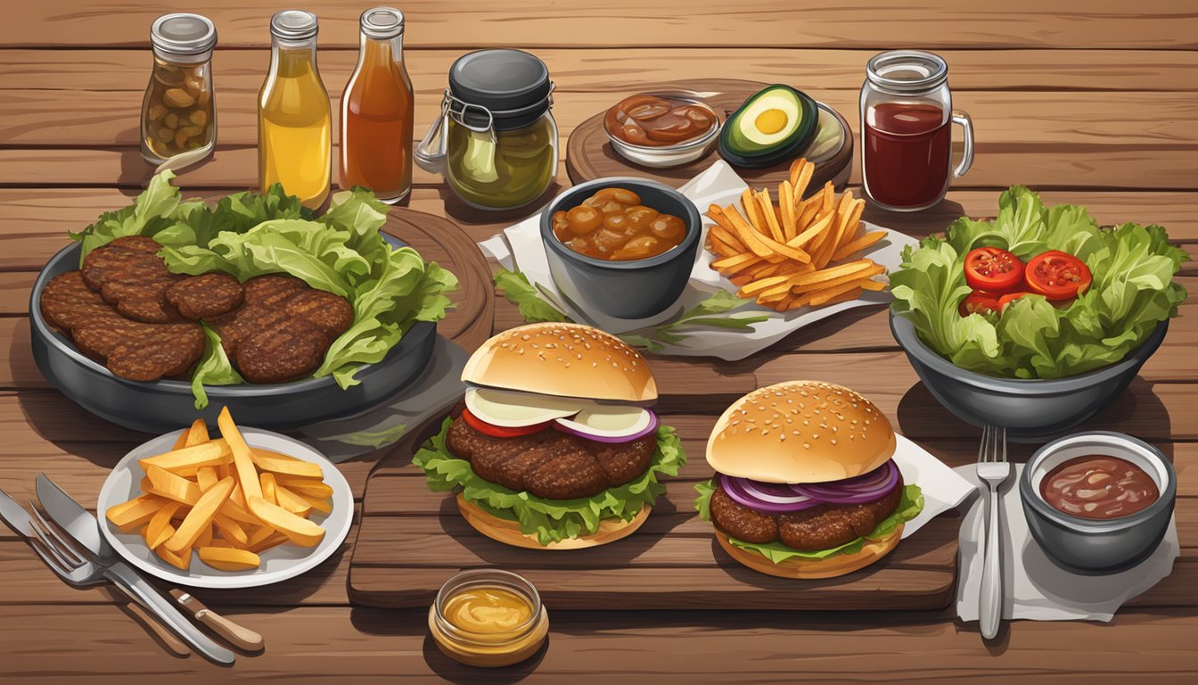 A rustic wooden table set with a variety of wild game burger accompaniments and sides, including pickles, onions, lettuce, tomatoes, and a selection of sauces