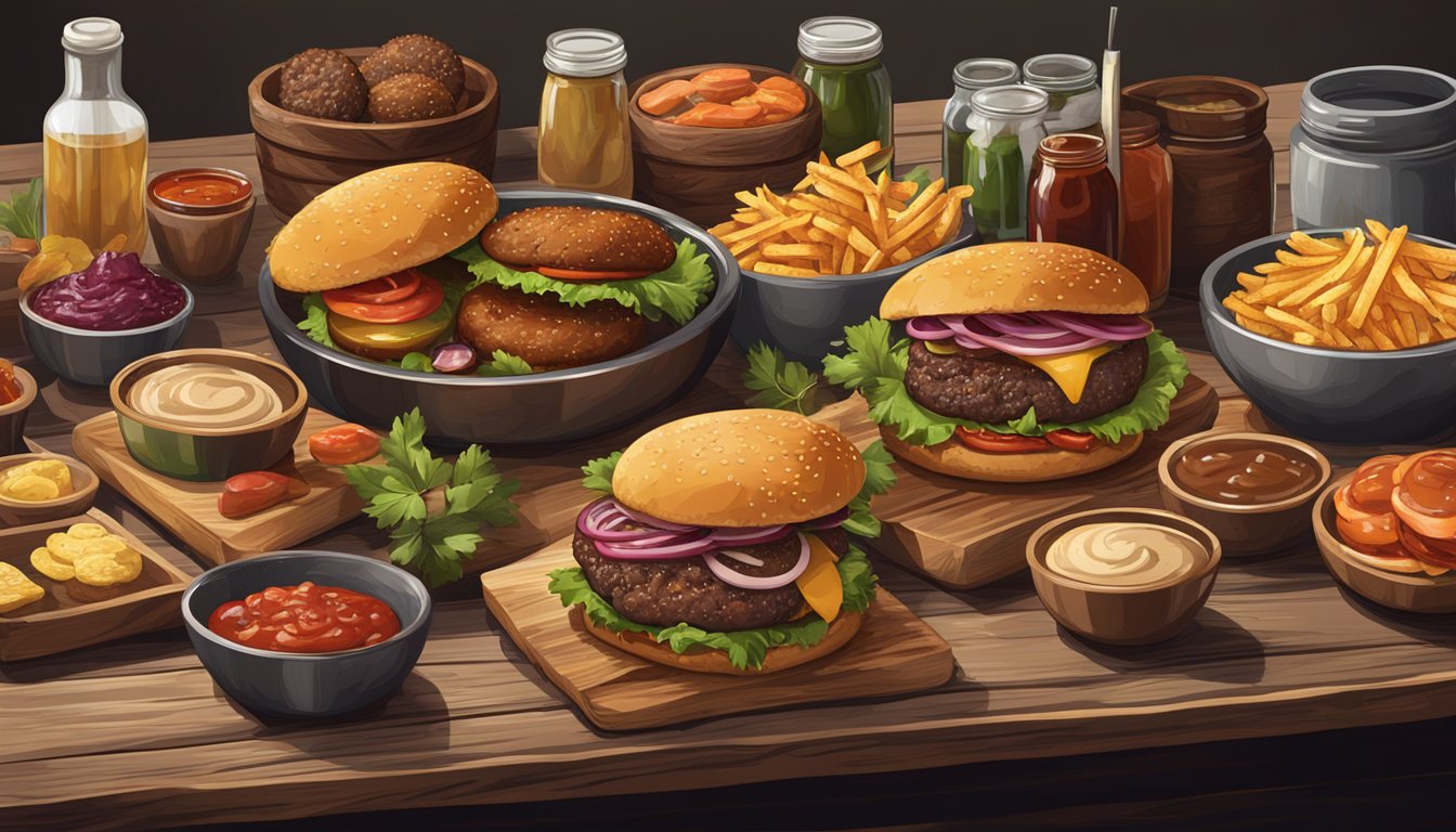 A rustic wooden table with an assortment of wild game burgers, accompanied by an array of sauces and relishes in small bowls and jars