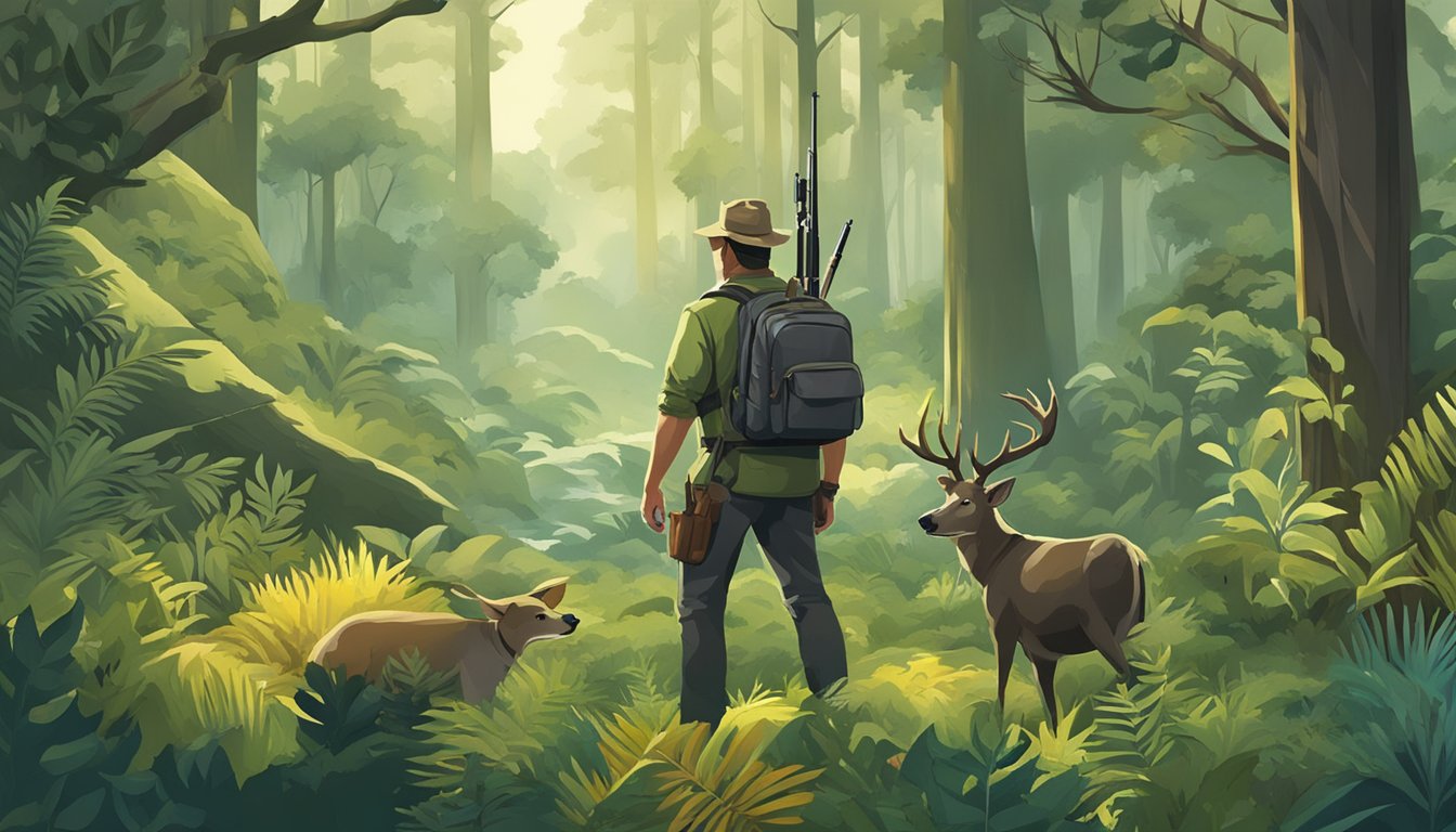 A hunter gathering wild game in a lush forest, surrounded by diverse flora and fauna, with a focus on sustainable sourcing