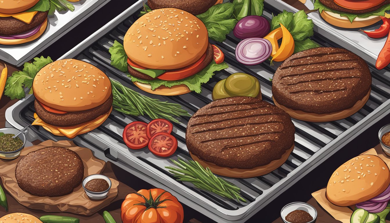 A group of wild game burgers sizzling on a hot grill, surrounded by fresh ingredients and seasonings