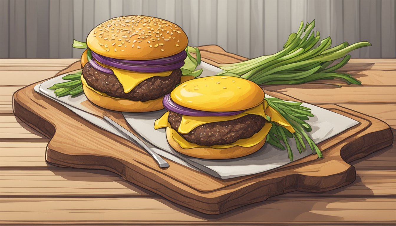 Two onions, one white and one yellow, sit side by side on a cutting board next to a pile of wild game burger patties