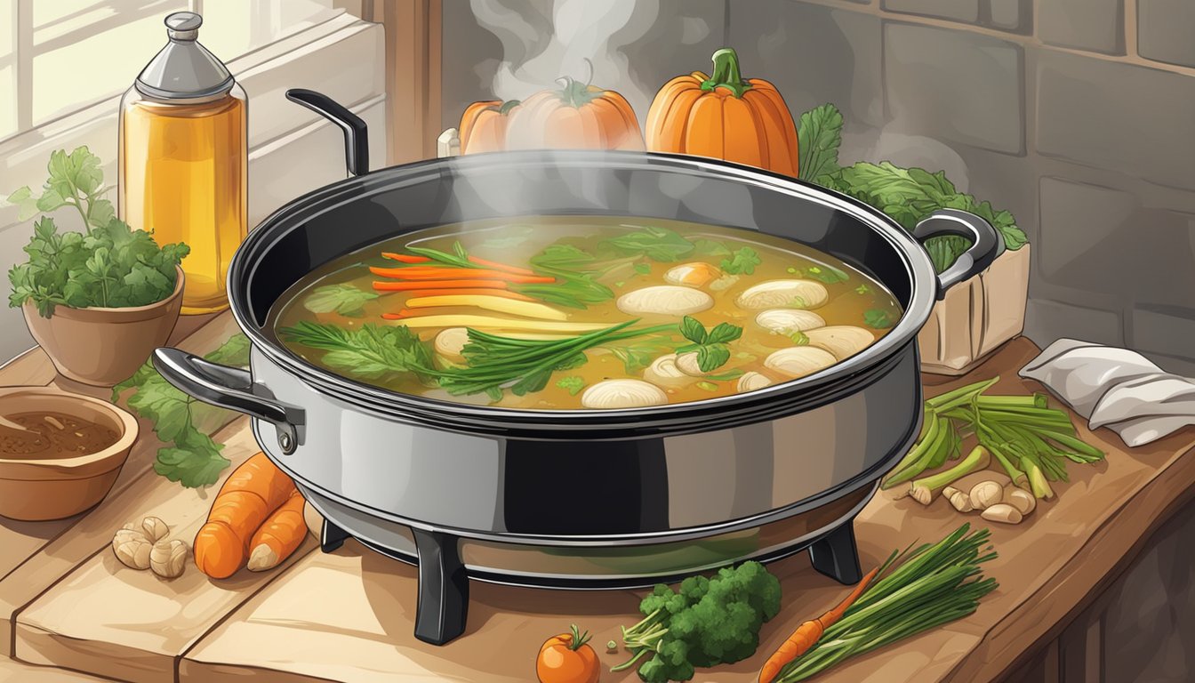 A pot of broth simmers on a stove, filled with vegetables and herbs, steam rising as the perfect game stock is crafted for rich sauces