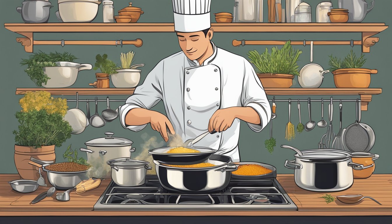 A chef's hand adding herbs and spices to a bubbling pot of rich sauce on a stove. Surrounding shelves hold various stock ingredients and cooking utensils