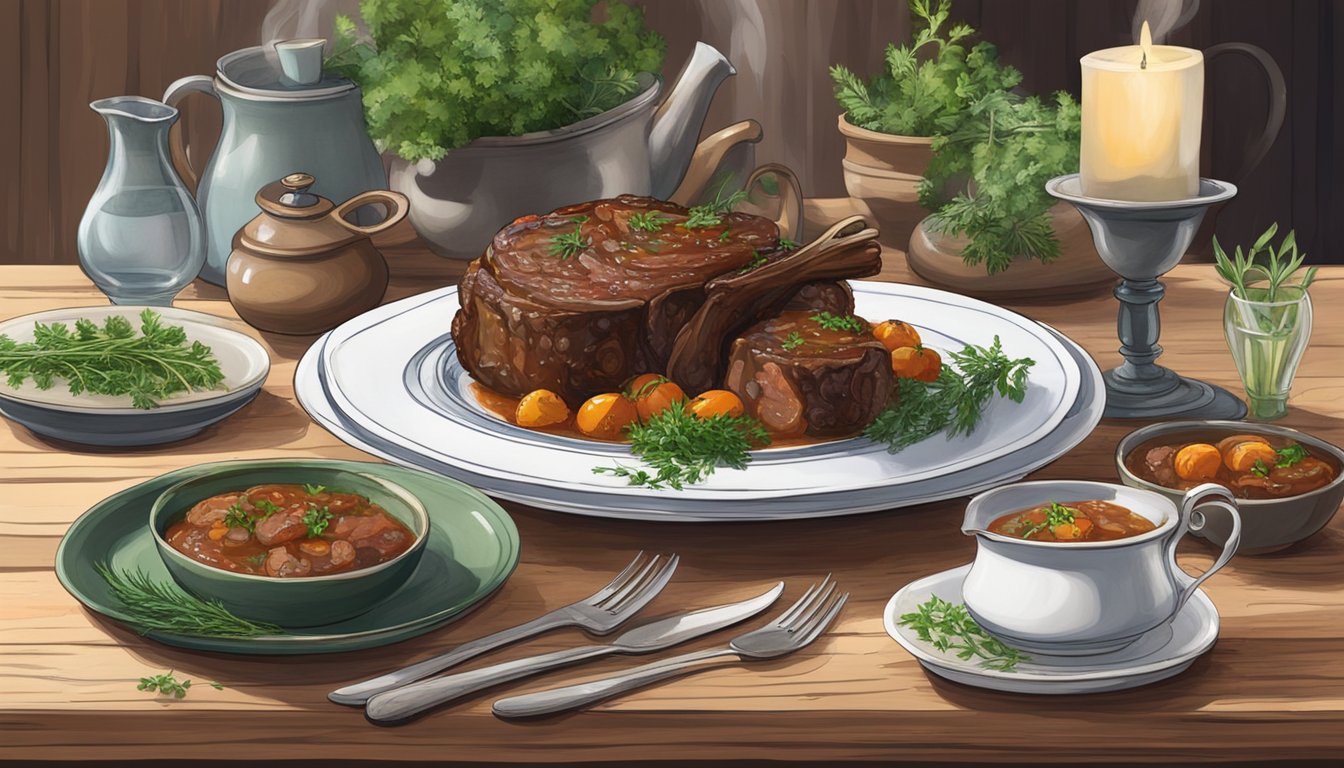 A rustic table set with a steaming plate of venison osso buco, surrounded by fresh herbs and rustic Italian dinnerware