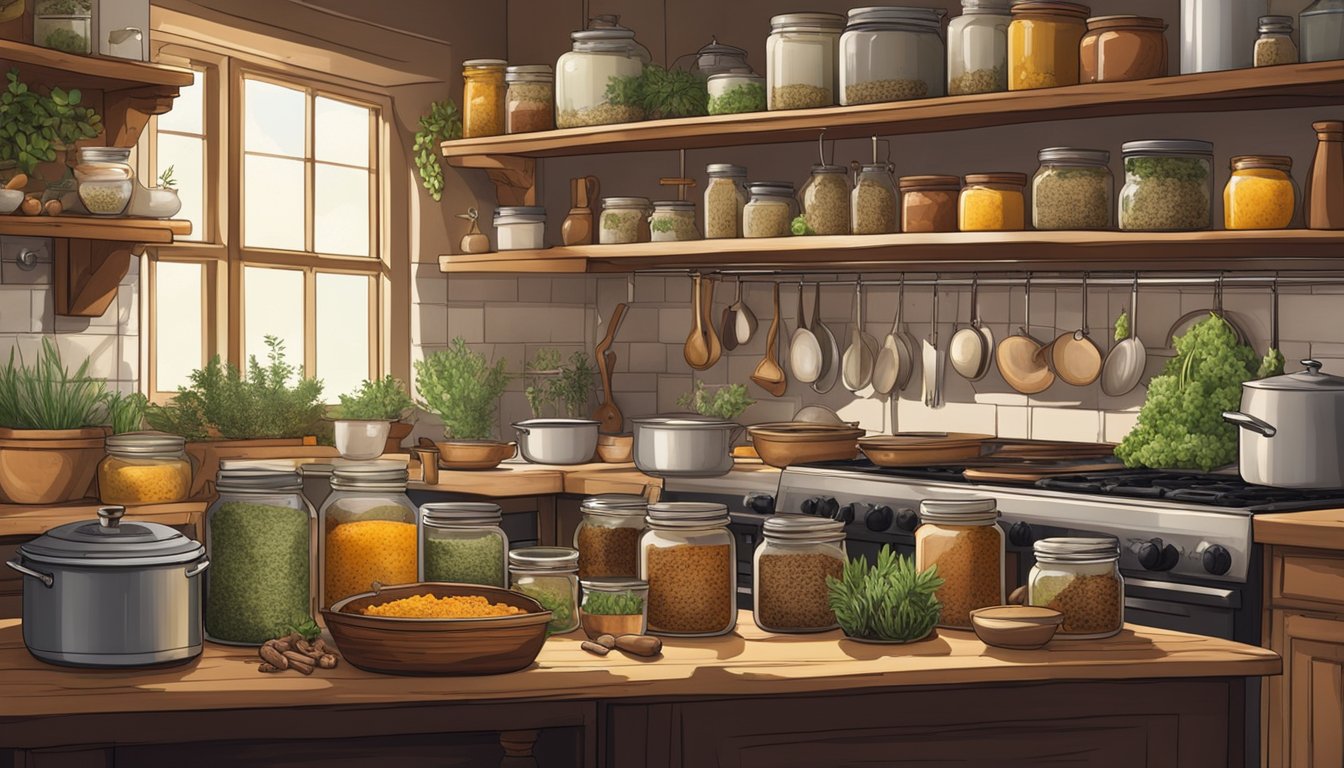 A rustic kitchen with shelves of jars filled with game bird confit, surrounded by hanging herbs and spices, and a pot of simmering rendered fat on the stove