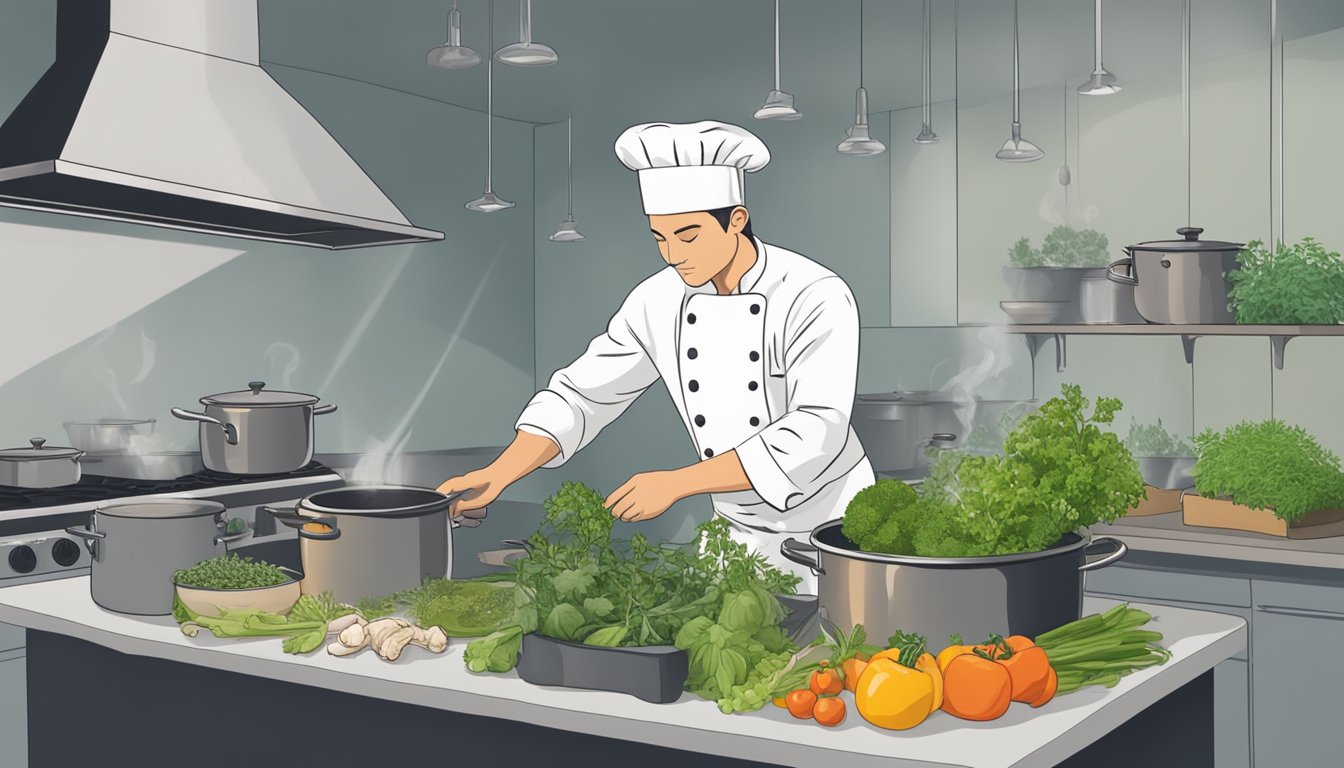 A chef carefully measuring and adding a variety of fresh herbs, vegetables, and bones into a large stock pot, simmering on a stovetop