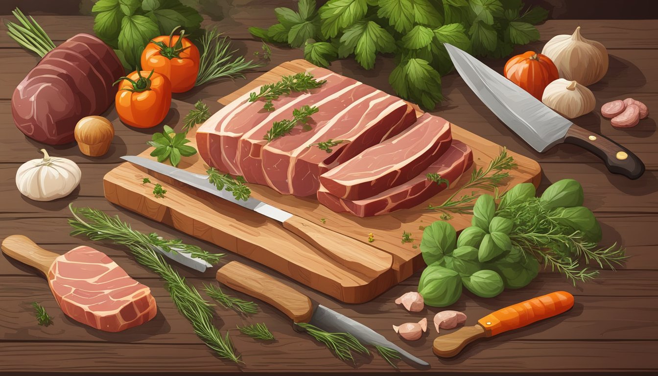 A rustic wooden table adorned with fresh herbs, butcher's knife, and an assortment of meats and vegetables for crafting artisanal game terrines