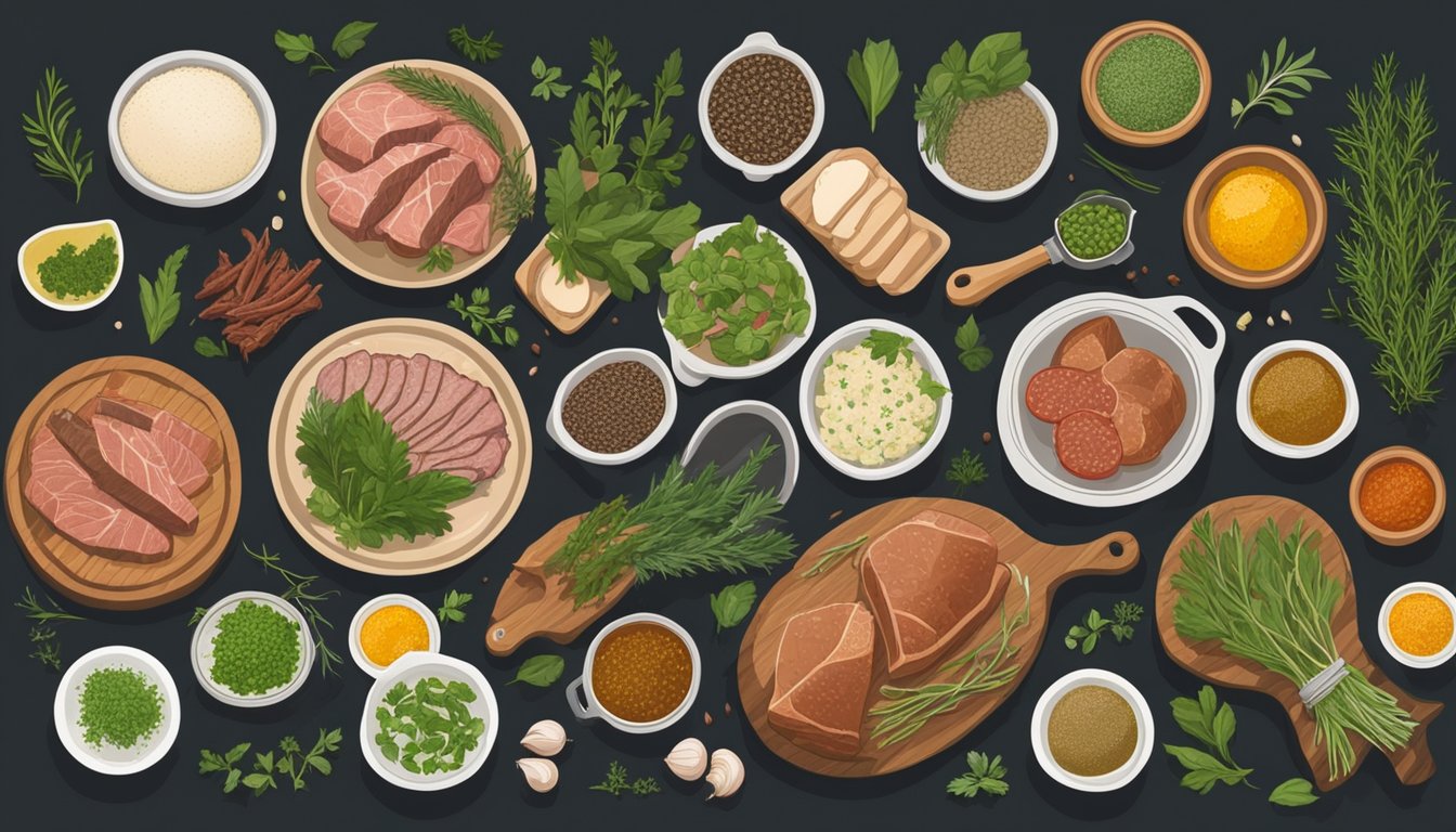 Fresh herbs and spices surround a wooden table with assorted game meats and mixing bowls. A chef carefully seasons and marinates the terrine ingredients