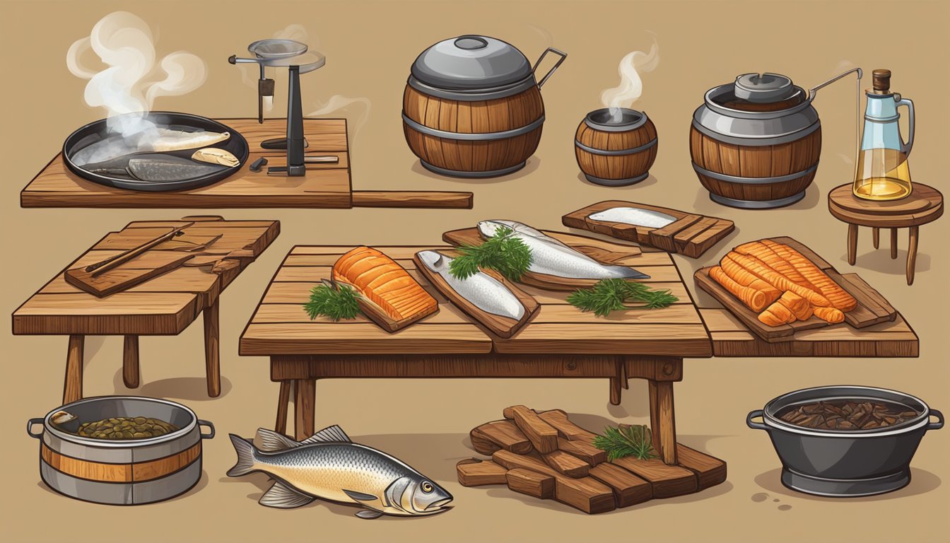 A rustic wooden table displays various types of wood and smoking equipment for preparing fish