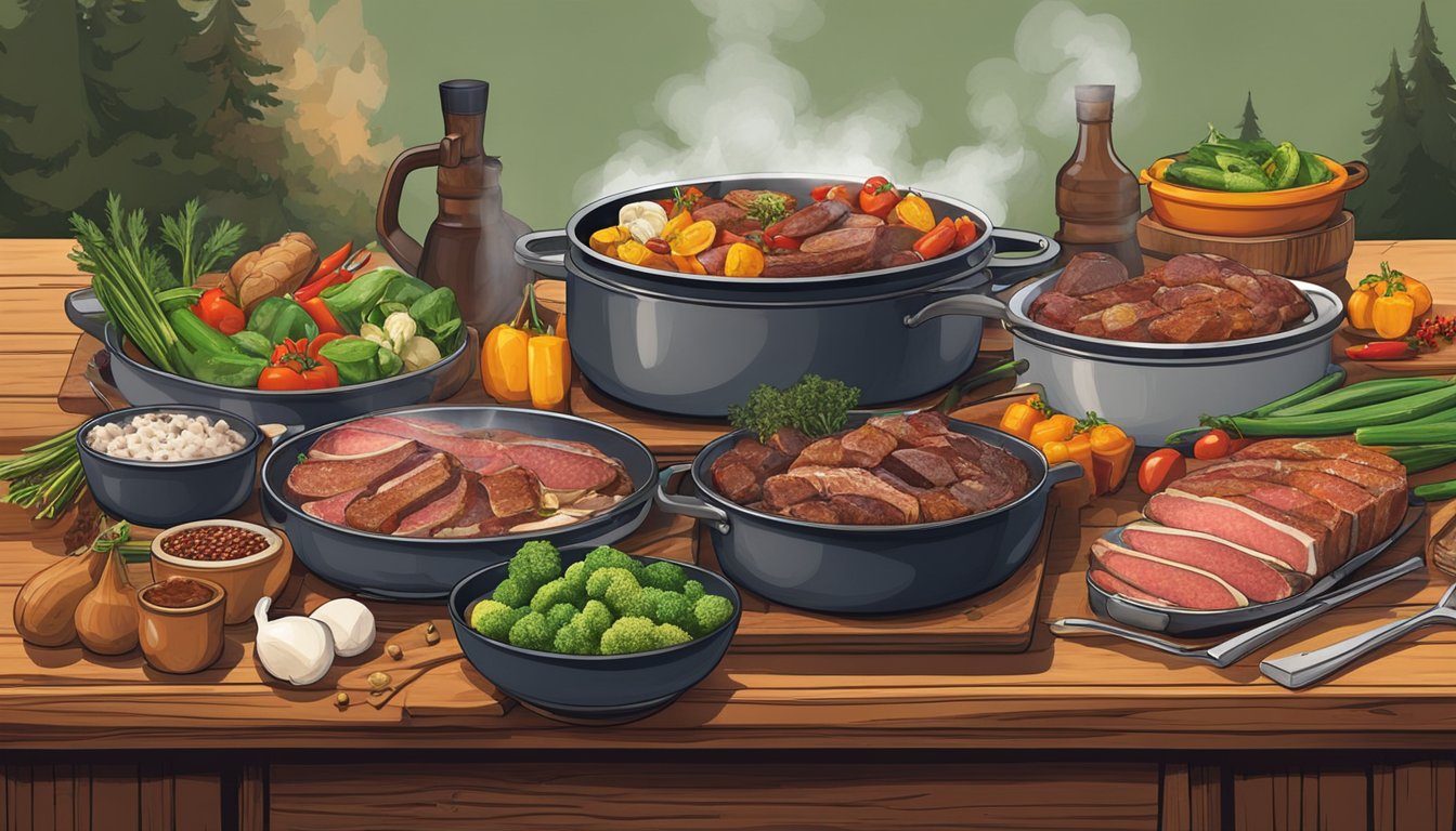 A rustic wooden table set with an assortment of wild game meats, fresh vegetables, and vibrant spices. A steaming skillet sizzles on the stove, filling the air with the aroma of fusion flavors