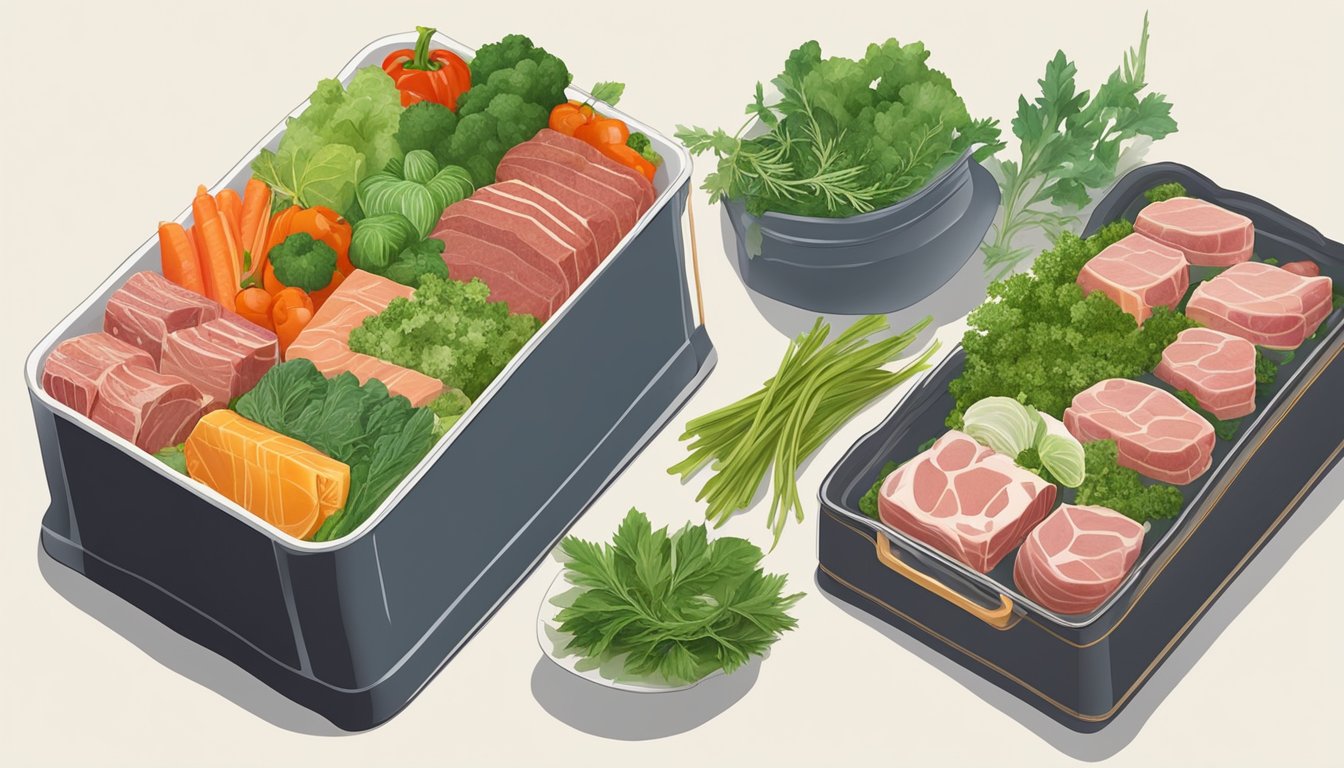 A variety of meats, vegetables, and herbs are being carefully layered and pressed into a terrine mold, creating a beautiful and intricate pattern