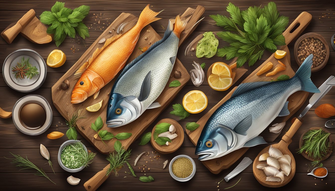 A rustic wooden table with various types of fish, smoking equipment, and ingredients like herbs and spices scattered around