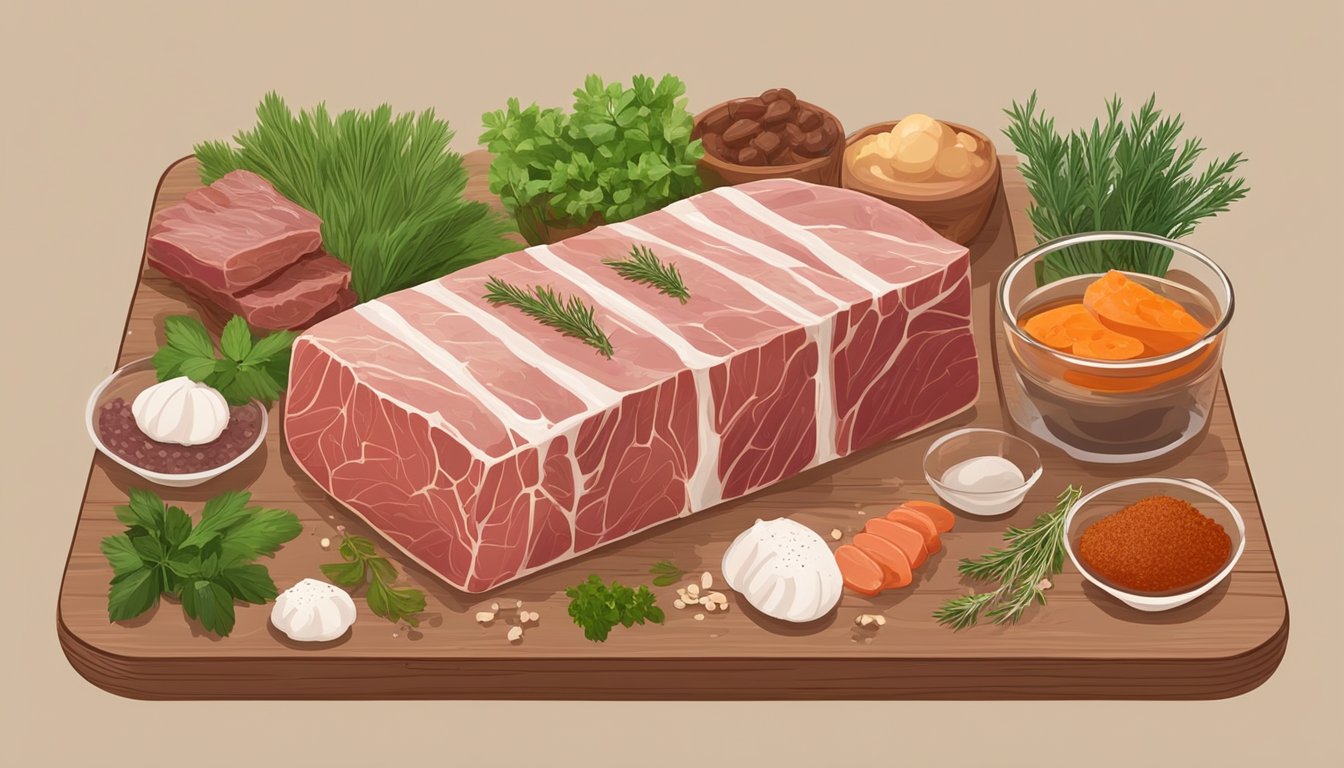 A chef expertly layers and molds game meat into a terrine, surrounded by fresh herbs and spices on a wooden cutting board