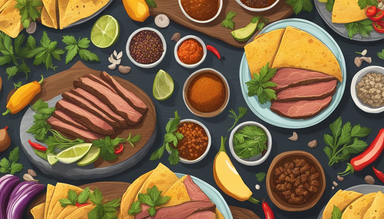 A rustic wooden table with a spread of vibrant spices, fresh herbs, and marinated wild game meat, surrounded by colorful taco toppings