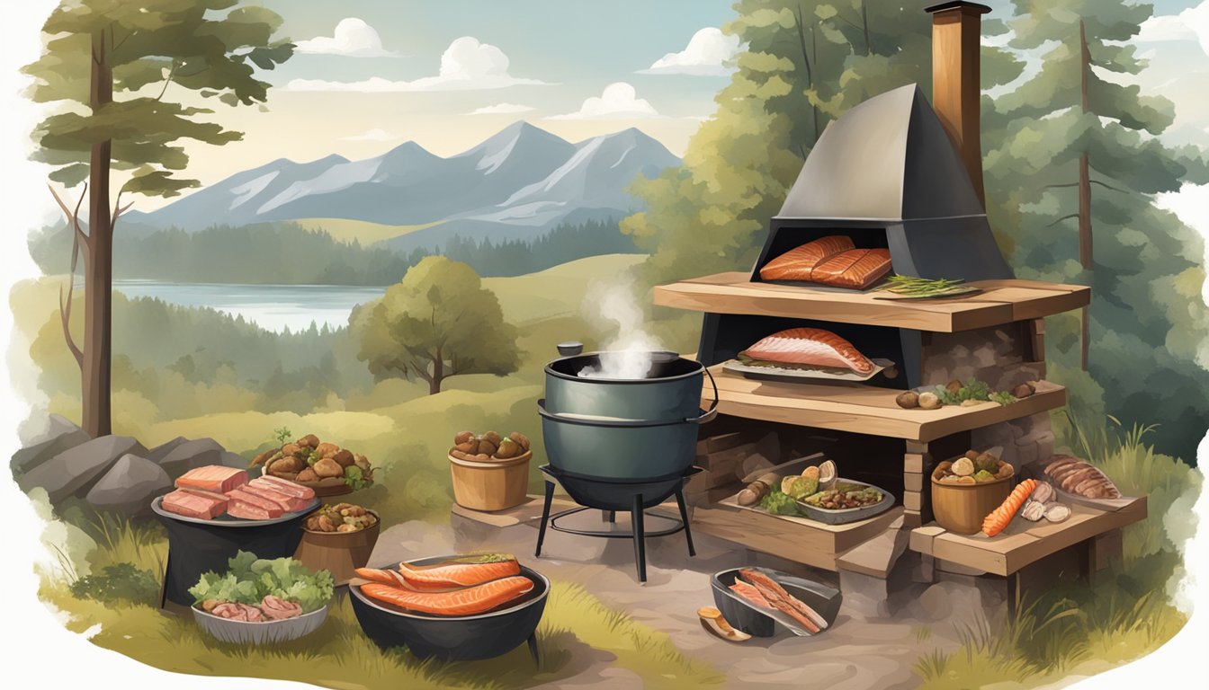 A rustic outdoor smoker filled with various meats and foods, such as trout and salmon, surrounded by a serene natural setting