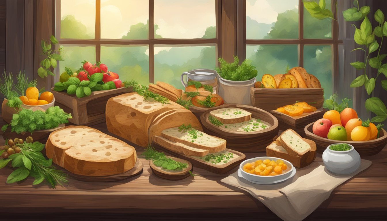 A rustic wooden table with an array of carefully arranged game terrines, surrounded by fresh herbs, fruits, and artisanal bread