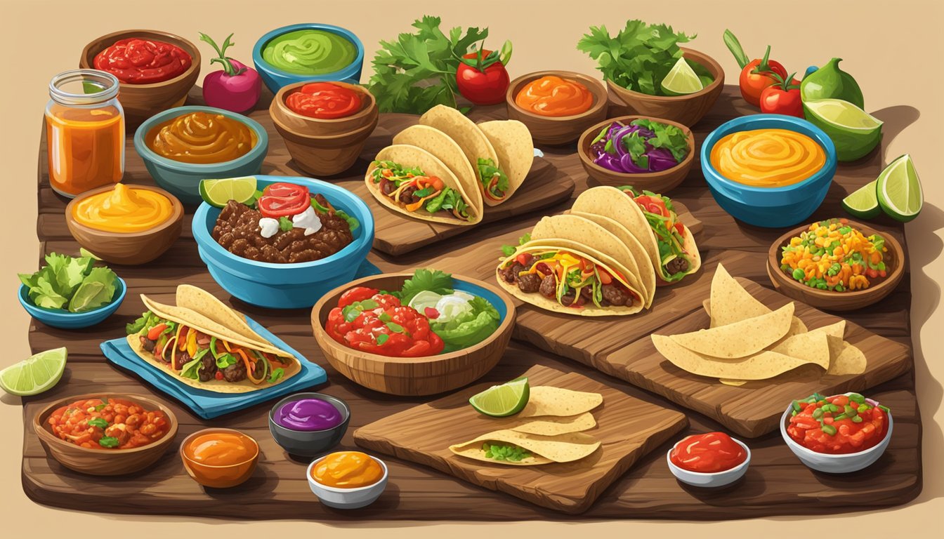 A rustic wooden table with an array of colorful wild game tacos, surrounded by an assortment of vibrant sauces and salsas