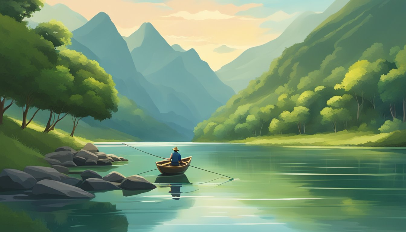 A serene river with a person fishing from a small boat, surrounded by lush greenery and mountains in the background