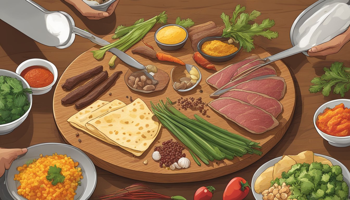 A wooden table with an array of wild game meats, fresh vegetables, and assorted spices. A tortilla is being filled with a colorful mixture of ingredients