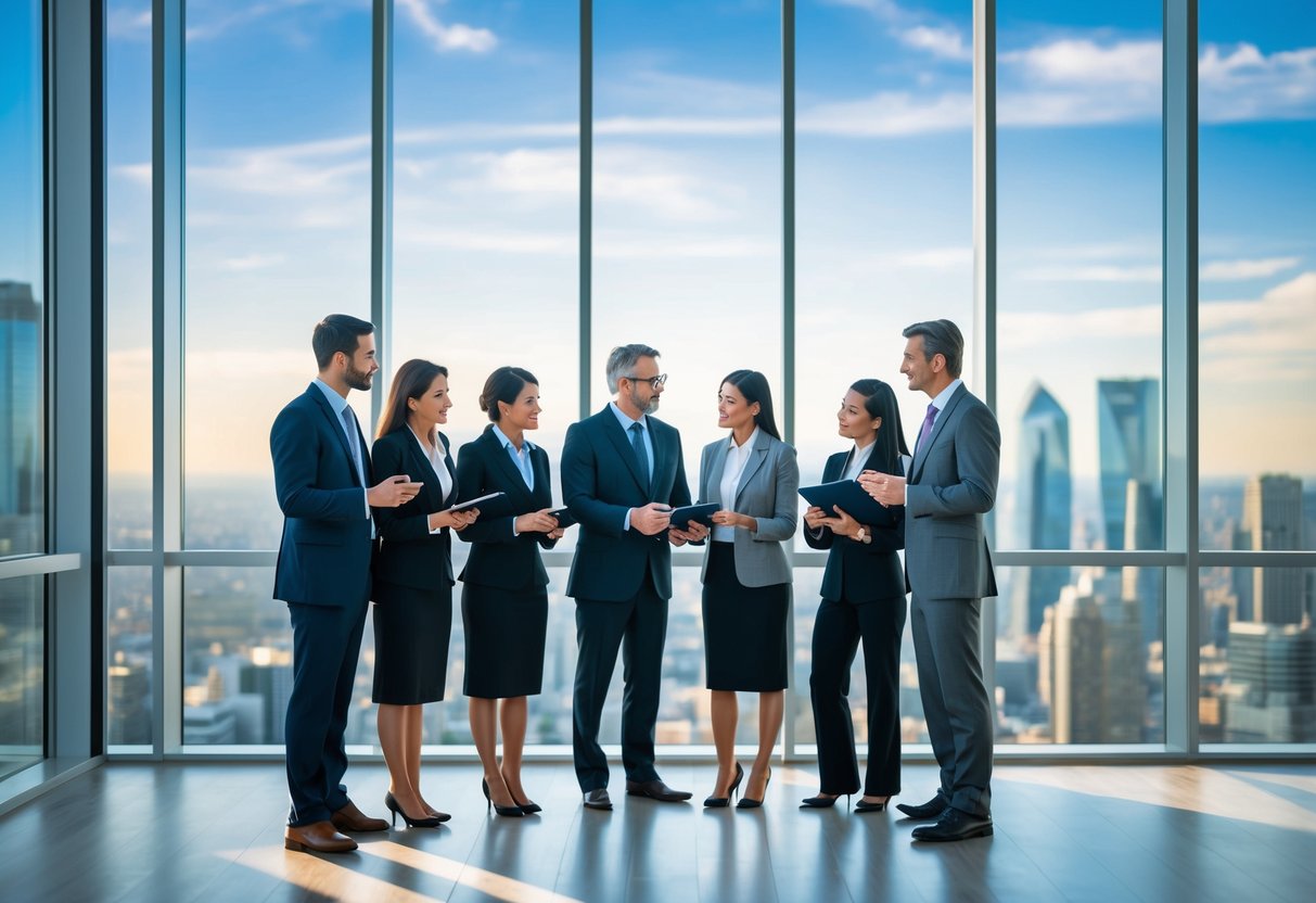 Un groupe de conseillers financiers discutant de stratégies dans un bureau moderne avec de grandes fenêtres et une vue sur la skyline de la ville.