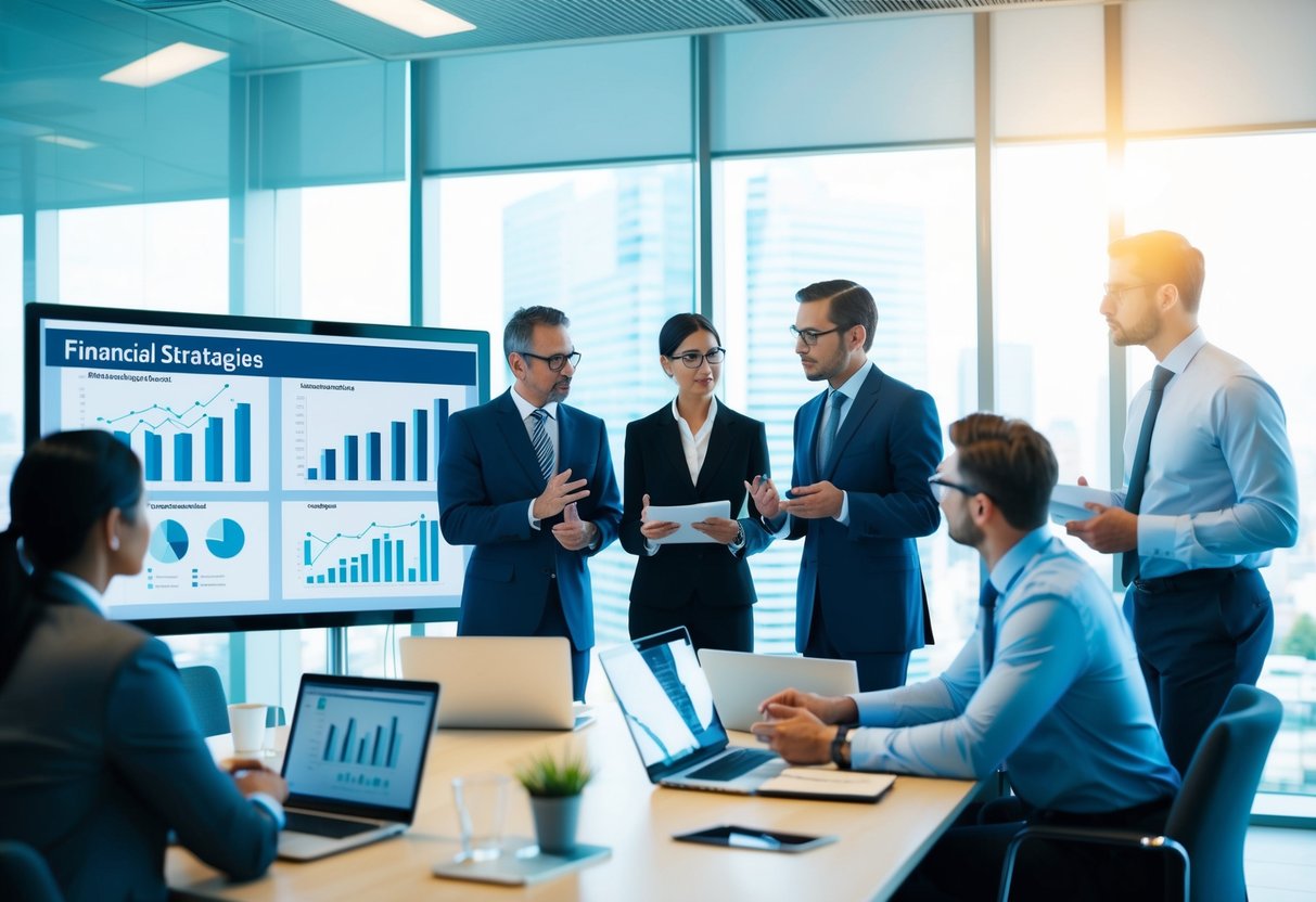 Un groupe de professionnels discutant de stratégies financières dans un bureau moderne, avec des graphiques et des tableaux affichés sur un grand écran.