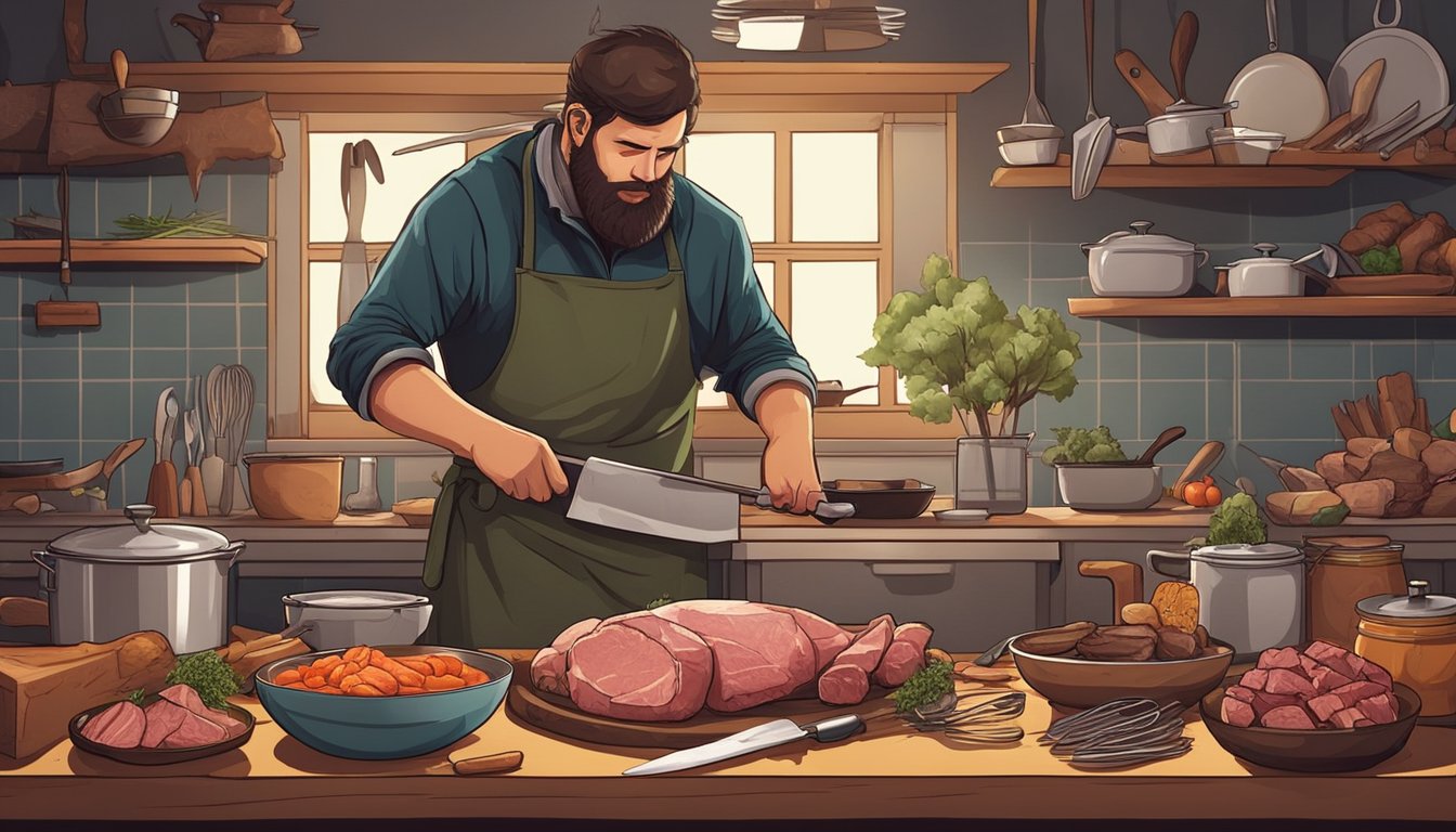 A hunter carefully butchering a bear, surrounded by cooking utensils and ingredients for preparing the meat