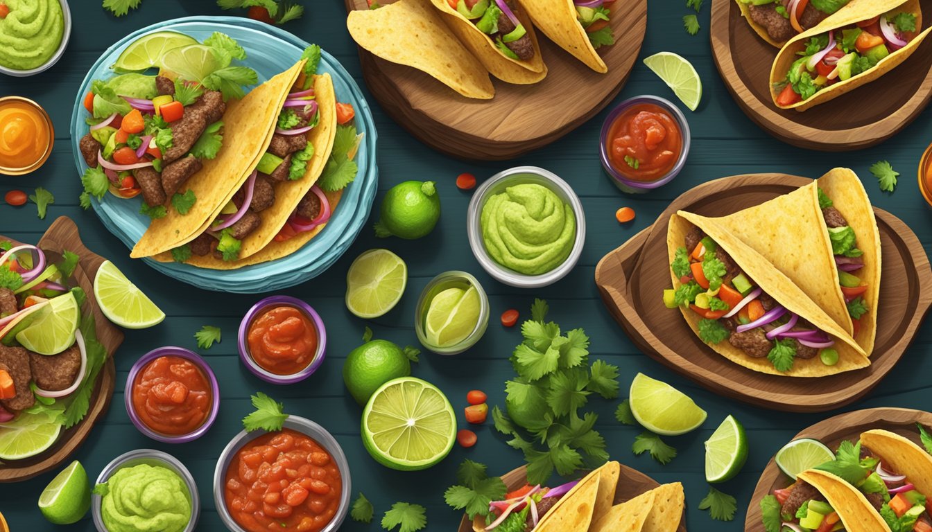 A rustic wooden table with an array of colorful wild game tacos, surrounded by vibrant salsa, guacamole, and lime wedges