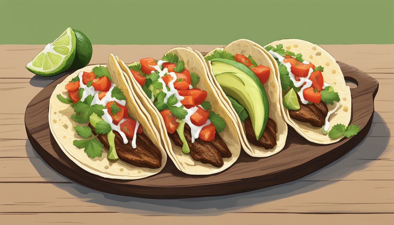 A rustic wooden platter holds a trio of wild game tacos, topped with vibrant salsa and drizzled with creamy avocado sauce. A scattering of fresh herbs and lime wedges completes the presentation