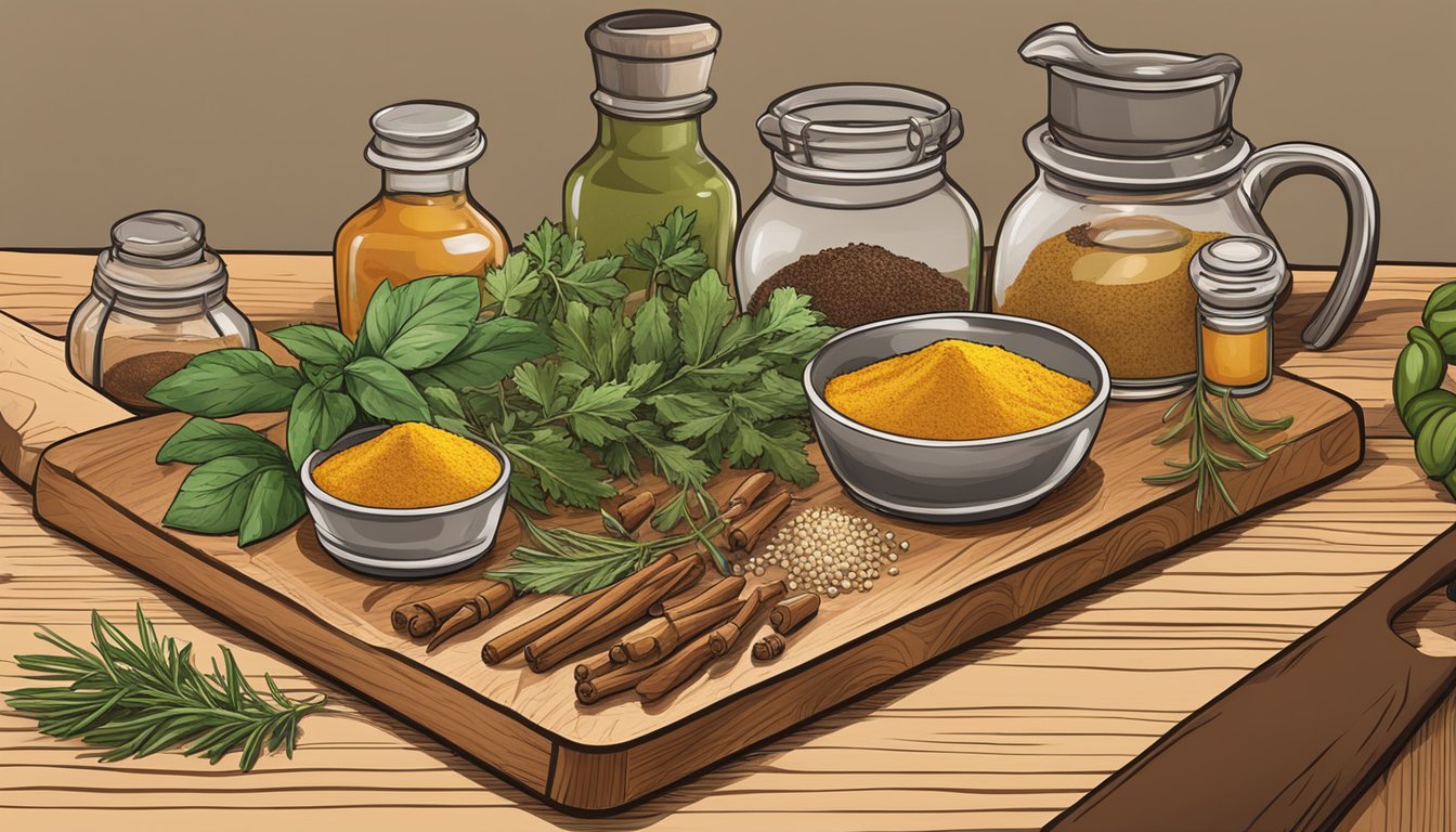 A variety of spices and herbs arranged on a wooden cutting board, ready to be mixed into a meat rub