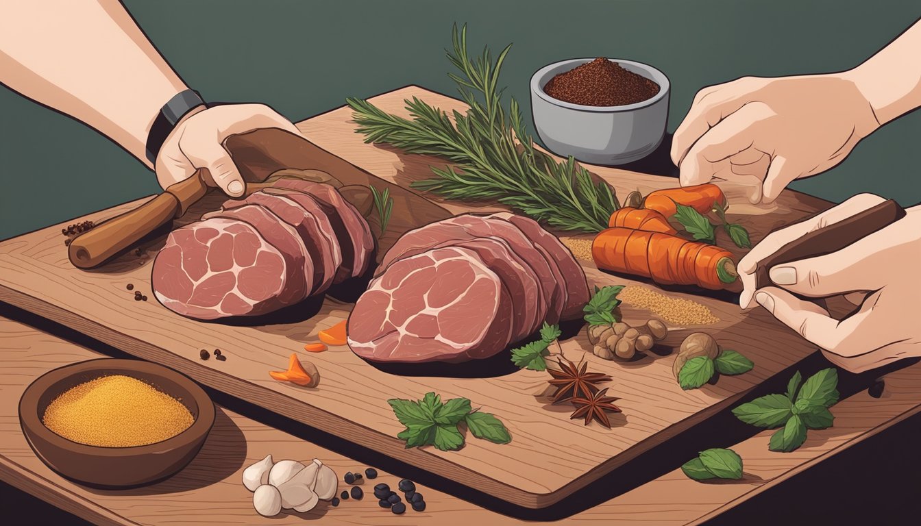 A hand reaching for various spices and herbs, a pestle and mortar, and a piece of raw game meat on a cutting board