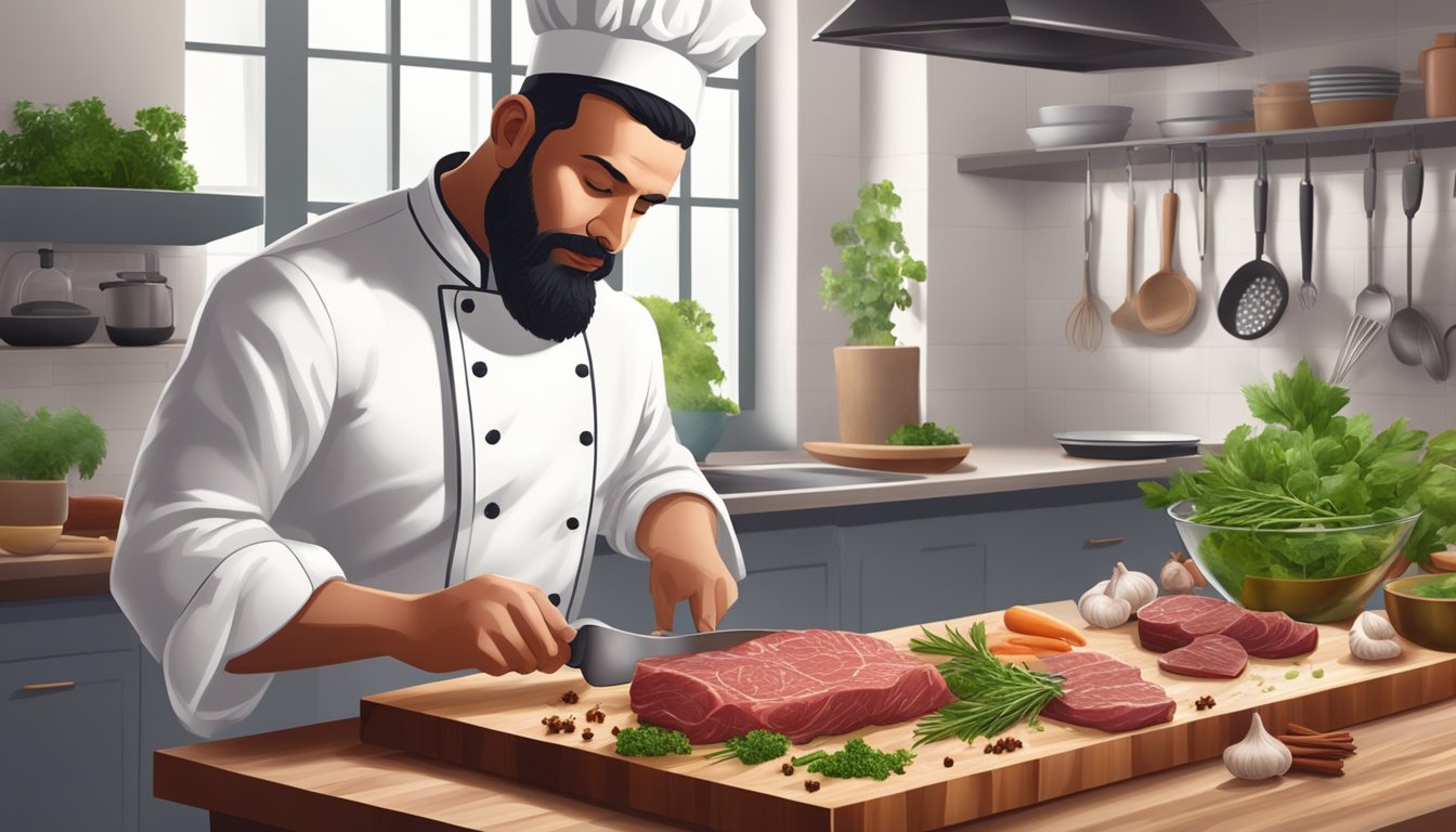 A chef in a clean kitchen, carefully seasoning and cooking bear meat on a cutting board, surrounded by fresh herbs and spices