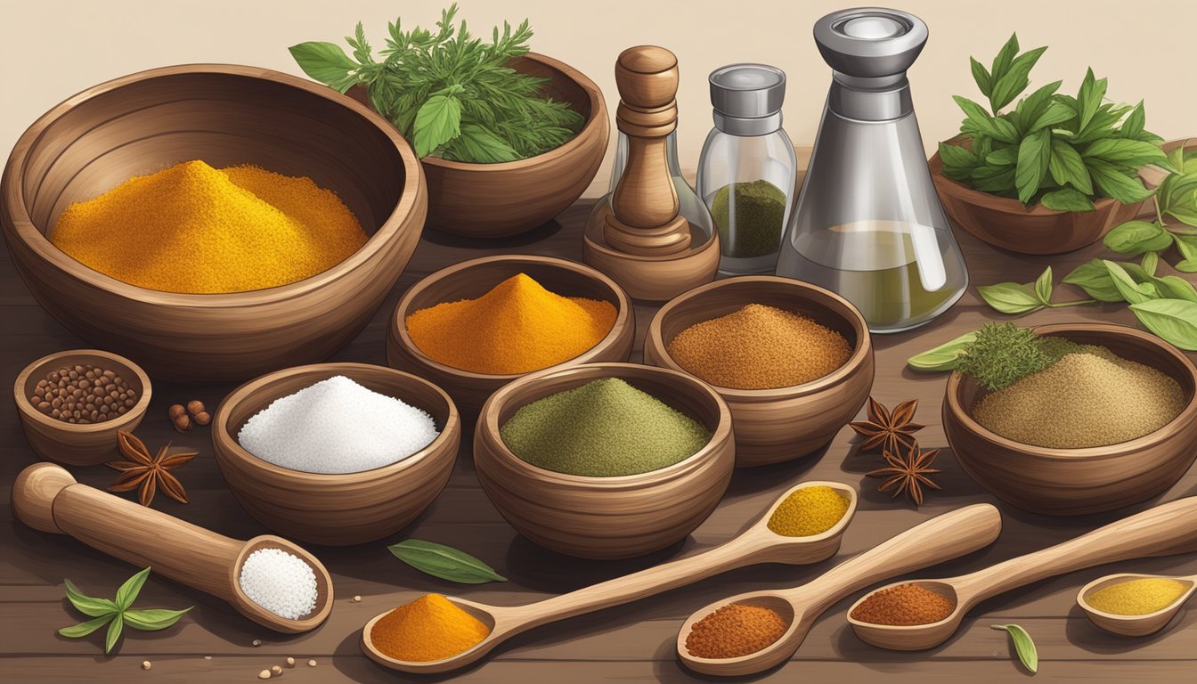 A wooden table with various spices, herbs, and mixing bowls. A mortar and pestle and measuring spoons are scattered around the ingredients