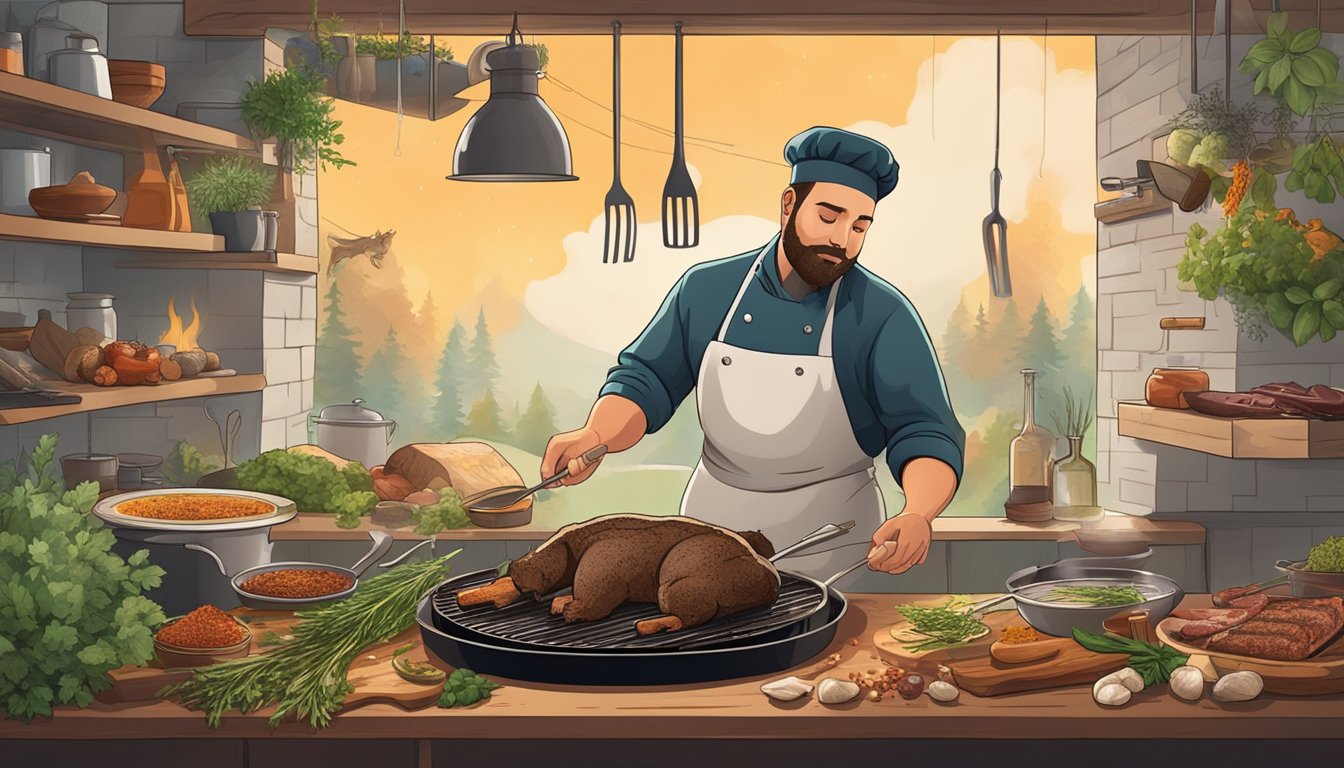 A chef expertly seasoning and grilling bear meat over an open flame, surrounded by various herbs, spices, and cooking utensils